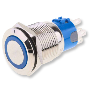 Self Reset Ring 16mm blue LED backlit 12-24V metal switch