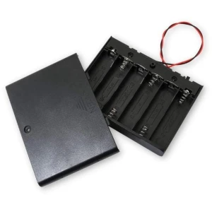 Battery holder for 6× AA R6 rechargeable batteries with 9 V switch, housing with cover