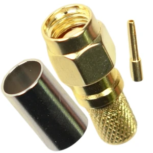 Gold-plated, crimp-on RPSMA male connector with Teflon insulation for H-155, RF-5, and RF-240 cables